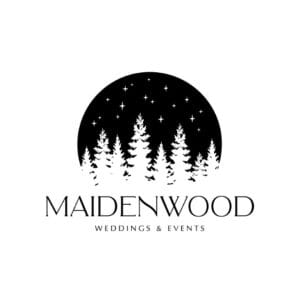 Nature-Inspired Wedding Venue Maidenwood Events, a Nature-inspired Wedding Venue, Tree logo with Maidenwood Title with weddings & events outside a circle of night sky with trees and stars
